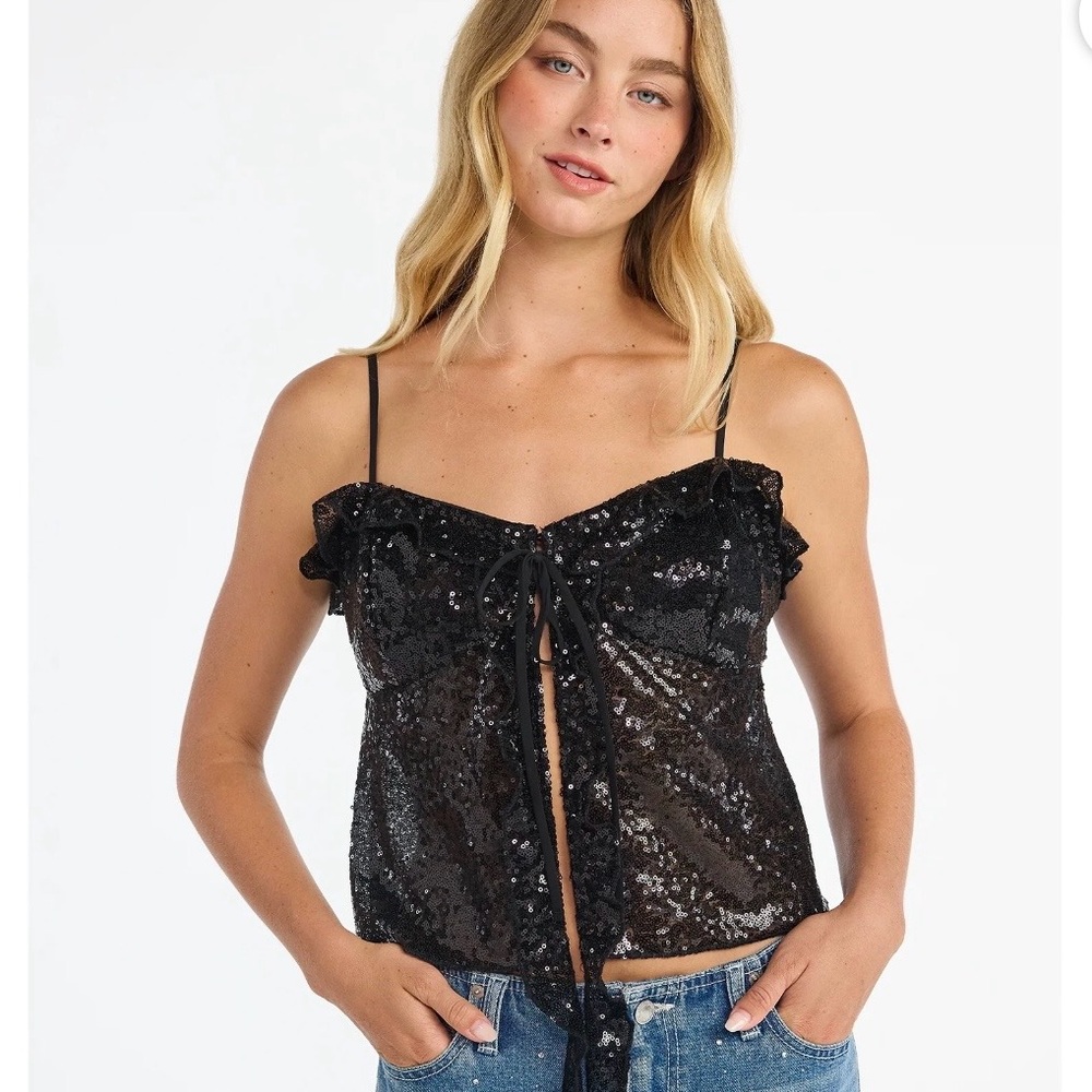 Black Sequin Tie-Front Cami Top  M 8-10